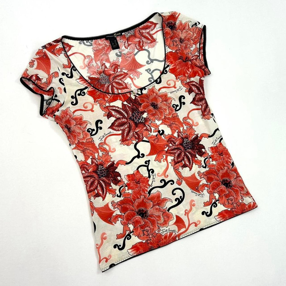 y2k Cavalli white short sleeve top, red black floral print